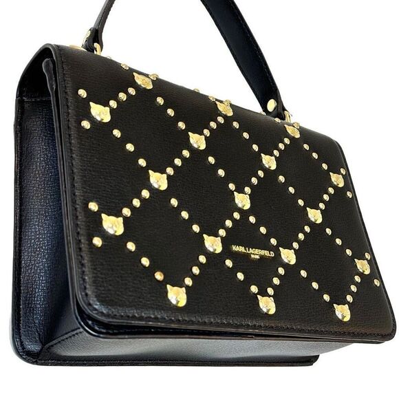 Karl Lagerfeld Paris Simone Gold Cat Studded Leather Crossbody Purse Handbag Bla - Picture 4 of 11